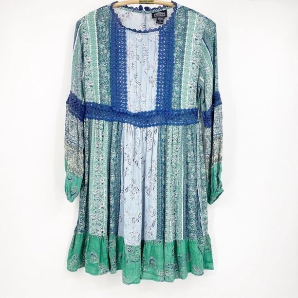 Angie Blue and Green Parsley Print w Balloon Sleeves & Lace detail S - Picture 3 of 10